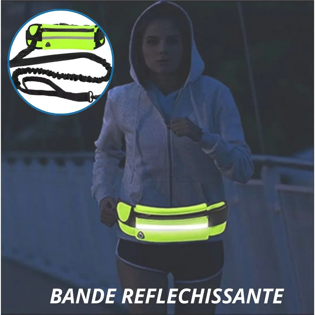laisse-main-libre-chien-nuit-runleash Femme courant de nuit avec la laisse FreeLeash™ et sacoche visible